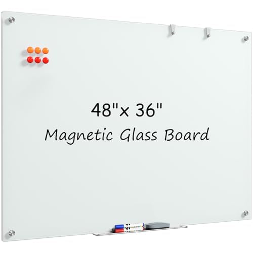 MaxGear Glass Whiteboard Tempered Magnetic Dry Erase Board 48x36 Inch | Magnetic Steel,Frameless Design,Smooth Writing,Ghost Free,Wall Mounted,Accessory Kits,Office Classroom Conference Room Use - color: White, size: 48"W x 36"H