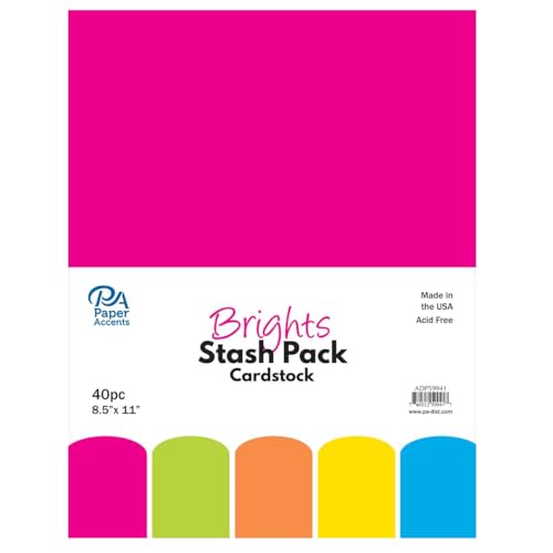 PA Paper Accents Stash Pack Cardstock Pack 8.5" x 11" Brights, colored cardstock paper for card making, scrapbooking, printing, quilling and crafts, 65lb., 40 pieces - color: Yellow,orange,blue,green,pink