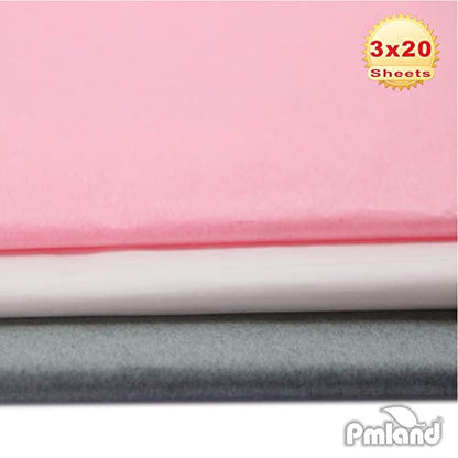 PMLAND Gift Wrapping Tissue Paper - Gray Pink White Assorted - 20 Inches x 26 Inches 60 Sheets - color: Gray/Pink/White
