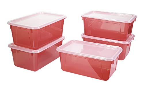 Storex Small Cubby Bins – Plastic Storage Containers for Classroom with Non-Snap Lid, 12.2 x 7.8 x 5.1 inches, Tint Red, 5-Pack (62481A05C) - color: Candy Red, size: 12.2 x 7.8 x 5.1 Inches, style: Bin with Cover