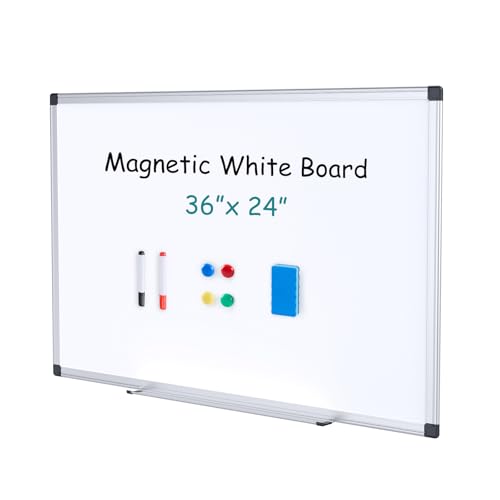 OLIXIS Magnetic White Board, Dry Erase Board for Wall 36" x 24", Whiteboard with 1 Dry Eraser & 2 Multicolor Markers & 4 Magnetic Pins, Aluminium Frame for Home, School, Office, White - color: White, size: 36"W x 24"H