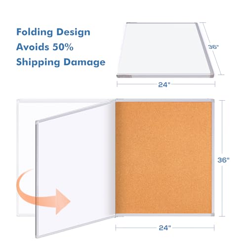 Magnetic White & Cork Board Combo 48" x 36" Aluminum Frame | Dry erase bulletin board, wall mounted or hanging. Dual-function surface for writing & pinning. Ideal for home, office, shool - size: 48 x 36 inch