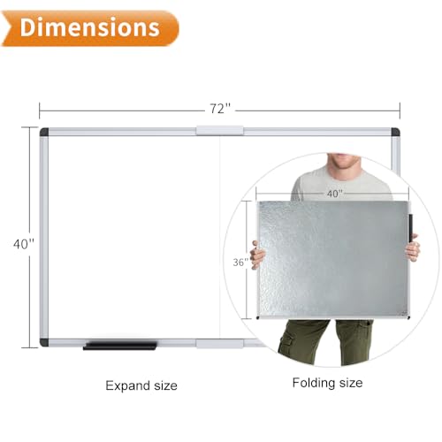 VIZ-PRO Magnetic Dry Erase Board, 72 X 40 Inches, Foldable Wall-Mounted Whiteboard with Silver Aluminum Frame & Marker Tray for School Office and Home - size: 72"W x 40"H