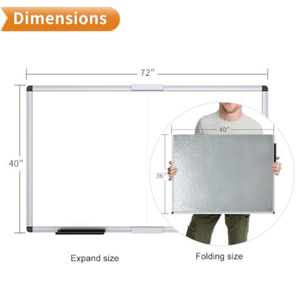 VIZ-PRO Magnetic Dry Erase Board, 72 X 40 Inches, Foldable Wall-Mounted Whiteboard with Silver Aluminum Frame & Marker Tray for School Office and Home - size: 72"W x 40"H
