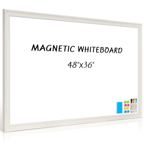 Large White Board for Wall, 46.5''x34.7'' Magnetic Dry Erase Board, 4'x3' Decorative Whiteboard with White Vintage Wooden Frame, Hanging Writing Board for Home Office School Classroom - color: White Wood, size: 48"W x 36"H