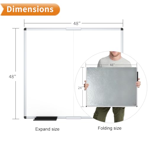 VIZ-PRO Magnetic Foldable Whiteboard, 48 x 48 Inches, Dry Erase Wall Mounted Board for School Office and Home - size: 48"W x 48"H