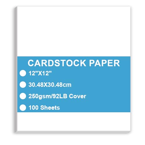 Cardstock Paper - Plain Heavy White Stock, Cover Stock Paper, 92lb(250 gsm) Cover Stock Paper, 12" x 12", 100 Sheets, Cardstock Paper for Printer, Resume, Scrapbooks, Art, Crafts, Business Cards - size: 12"x12"
