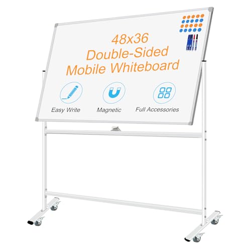 BSTPCOO Double-Sided Mobile Whiteboard 48 x 36, Rolling Magnetic Board With Stands, Dry Erase on Wheels, Large White Board With 1 Eraser, 4 Markers and 20 Magnets - color: Silver, size: 48"W x 36"H