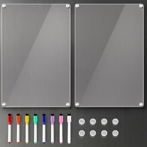 2 Pack 12''*8'' Acrylic Magnetic Whiteboard for Fridge, Clear Dry Erase Menu Board for Refrigerator with 8 Markers, Magnetic Planning Board for to Do List/Shopping List, Meal Planner for Kitchen - style: 2 Pack Memo Boards