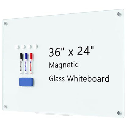 Magnetic Glass Whiteboard for Wall, 36" x 24" Large Dry Erase Board, Frameless Wall-Mounted White Board School, Classroom, Office & Home - size: 36" x 24"