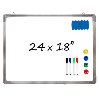 Whiteboard Set - Dry Erase Board 24 x 18 in with 1 Magnetic Dry Eraser, 4 Drywipe Markers and 4 Magnets - Small White Hanging Message Scoreboard for Home and Office (24x18 in) - size: 24x18" Landscape