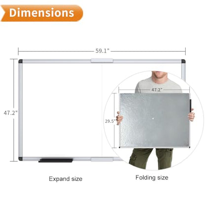 VIZ-PRO Magnetic Dry Erase Board, 60 X 48 Inches, Foldable Wall-Mounted Whiteboard with Silver Aluminum Frame & Marker Tray for School Office and Home 5' X 4' - size: 60 X 48 Inches