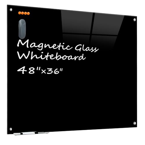 KIZZBY Black Glass Dry Erase Board - Magnetic Blackboard for Wall, 48"x36" Large Frameless Black Whiteboard for Office, Home & School - color: 48"×36" Black