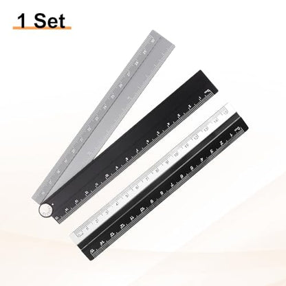 HARFINGTON Folding and Straight Ruler Kit 30/15cm Metric Aluminum Alloy Plastic Protractor Foldable Angle Ruler for Home Classroom Office, Black-Silver - color: Black-Silver
