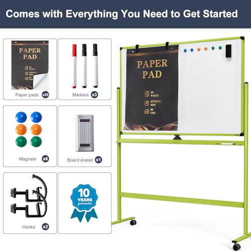 Rolling Whiteboard, 48x32 Inches Mobile Whiteboard on Wheels, Magnetic Dry Erase Board with Stand, Standing White Board for Office, School, Home, Large Double Sided White Board with Paper Pad - color: Green, size: 48"x32"