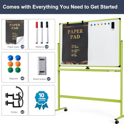 Rolling Whiteboard, 48x32 Inches Mobile Whiteboard on Wheels, Magnetic Dry Erase Board with Stand, Standing White Board for Office, School, Home, Large Double Sided White Board with Paper Pad - color: Green, size: 48"x32"