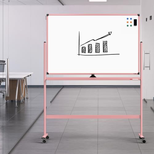 Mobile Whiteboard, 48x32 Inches Dry Erase Board with Stand, Large Rolling Whiteboard on Wheels, Standing White Board for Office, School, Home, Magnetic Double Sided White Board with Paper Pad - color: Pink, size: 48"x32"