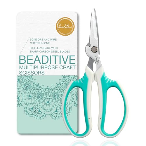 Beaditive Multipurpose Craft Scissors With Wire Cutter - High-Leverage with Sharp Carbon Steel Blades - Ergonomic Sewing Scissors for Heavy Duty Projects - Office, Scrapbook, Leather Scissors - color: Teal With Wire Cutter