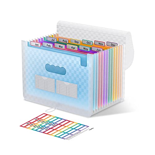 ThinkTex Accordion File Organizer, 12 - Pocket Expanding File Folders for Paper Receipts, Bills & Taxes Organizer, Letter/A4 Size Document Holder for School, Office, Home with Colorful tabs- Blue - color: Blue