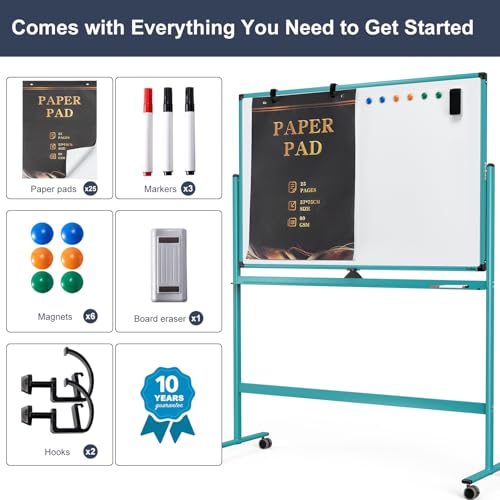 Mobile Whiteboard on Wheels, 48x32 Inches Rolling Whiteboard, Magnetic Dry Erase Board with Stand, Standing White Board for Office, School, Home, Large Double Sided White Board with Paper Pad - color: Blue, size: 48"x32"
