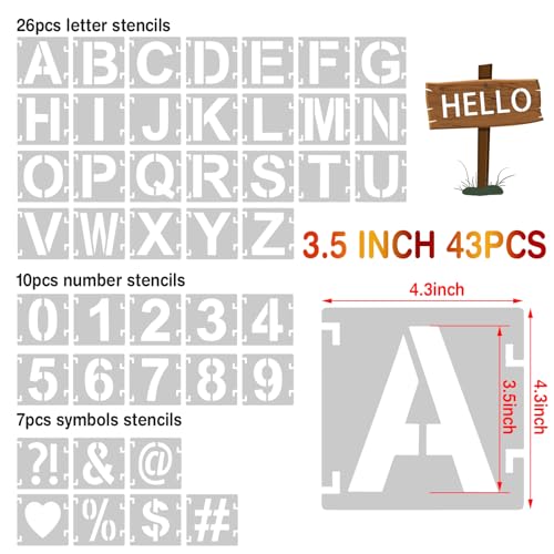 3.5Inch Letter Stencils for Painting, 43 Pcs Reusable Alphabet Symbol Numbers Stencils Interlocking Kit for Painting on Wood, Wall, Fabric, Rocks, Chalkboard, Sign & DIY Art (3.5 inch) - size: 3.5 inch