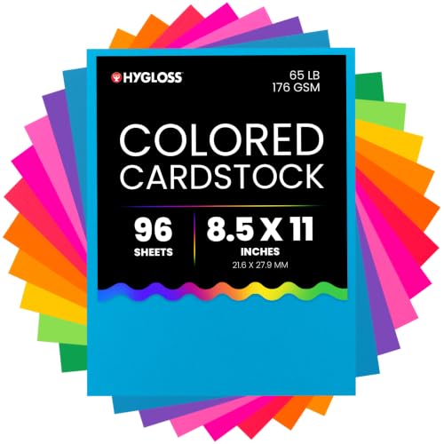 Hygloss Bright Colored Cardstock - 8.5x11-Inch, 12 Assorted Colors, 96 Sheets, 65 lb/ 176 gsm, Fade-Resistant, Acid-Free Color Card Stock Paper - color: 12 Assorted Colors, size: 8.5 x 11 Inch, style: 96 Sheets