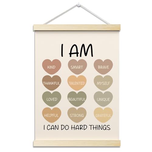 I Can Do Hard Things Posters Hanger Frame for Therapy Office Mental Health Hanging Poster for Classroom Homeschool Decor Wall Art Decor for Bedroom Nursery Canvas Wall Art Print 16x12 Inches - YY051 - color: brown heart
