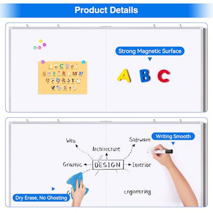 Magnetic White Board Dry Erase Board for Wall，48" x 46" (4ft x 3ft) Wall-Mounted Aluminum Frame Marker Board, Foldable Portable Whiteboard with a Long Pen Tray for School, Classroom, Office & Home - size: 48"W x 36"H, style: Style B