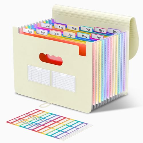 ThinkTex Accordion File Organizer, 12 - Pocket Expanding File Folders for Paper Receipts, Bills&Taxes Organizer, Letter/A4 Size Document Holder for School, Office, Home with tabs-Beige Color - color: Beige Color