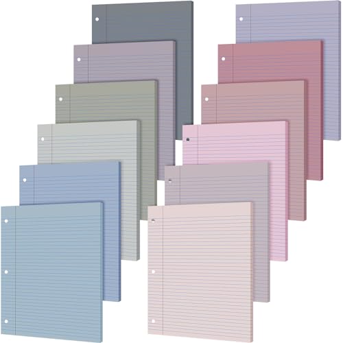 PerKoop 12 Pack 600 Sheets Colored Loose Leaf Paper College Ruled 8" x 10.5", Pastel Colorful Lined Writing Paper 3 Hole Punched Filler for 3 Ring Binder School Office Supplies(Elegant Color) - color: Elegant Color