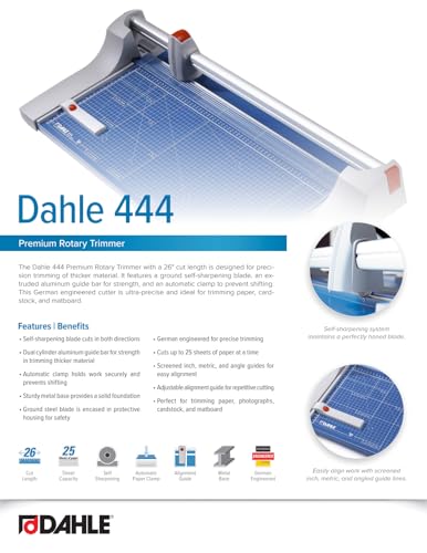 Dahle 444 Premium Rotary Trimmer, 26" Cut Length, 25 Sheet Capacity, Self-Sharpening, Automatic Clamp, German Engineered Paper Cutter - size: 26" Cut Length