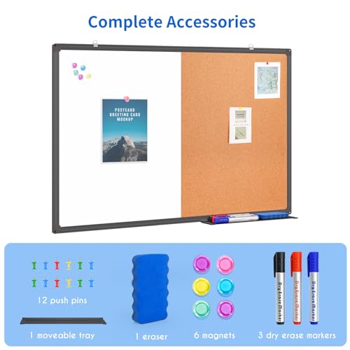 Magnetic White Board and Cork Board Combo, 24 X 18 inches Whiteboard Bulletin Combination Board, Wall Mounted Dry Erase Message Board for Home, School and Office, Black - size: 24 x 18 inch Black