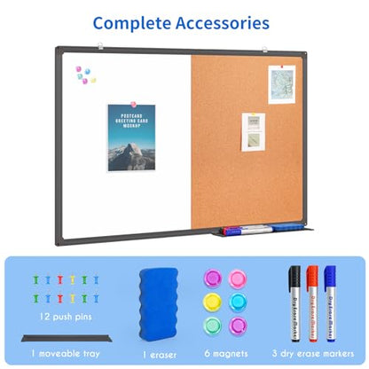 Magnetic White Board and Cork Board Combo, 24 X 18 inches Whiteboard Bulletin Combination Board, Wall Mounted Dry Erase Message Board for Home, School and Office, Black - size: 24 x 18 inch Black