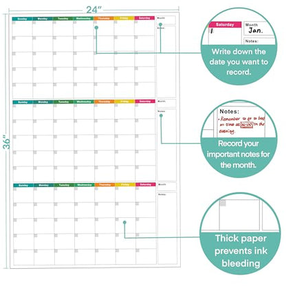 24" x 36" Dry Erase Wall Calendar large - Undated 3-Month Agenda Planner Calendar, Erasable and Reusable Whiteboard, 20 non-mark round double-sided glue, Vertical Layout for Office, Classroom, or Home