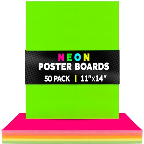 Hygloss Medium Poster Board 11x14 - 50 Assorted Neon Color Bulk Pack - 10 Pt. Thickness Colored Poster Board Paper for Projects, Signs, Displays - Posterboard Multipack 11" x 14" - color: Assorted Neon Colors, size: 11 x 14-Inch, style: 50 Sheets