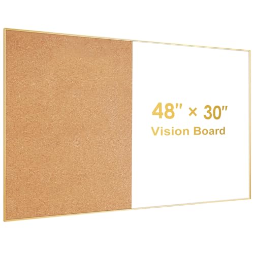 ARCOBIS Cork Board White Board Combo, Bulletin Board-Gold Frame, Magnetic Dry Erase Board & Corkboard for Wall, Vision Board for Home, Office, School (Gold, 48 x 30) - color: Gold, size: 48 x 30 Inch