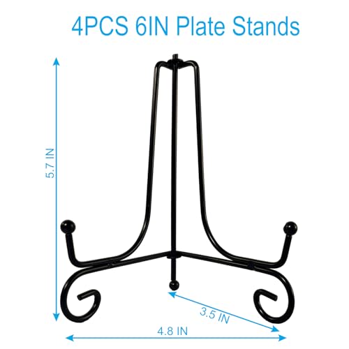 HENABLE 4PCS Premium Black Iron Plate Stands for Display 6 Inch, Decorative Solid Metal Plate Holders for Displaying, Mini Easel, Frame, Book, Card, Plaque, Bowl, Picture Stands for Display - size: 4PCS 6IN