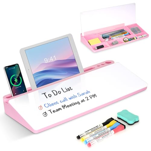 Desktop Glass Whiteboard with Storage, Pink Desk Dry Erase White Board with Computer Keyboard Stand, Desk Organizers and Accessories with Removable Cubicles for Office, Home, College, School - color: Organizer-pink
