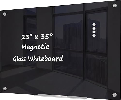 J&J worldwide Black Magnetic Glass Whiteboard 35x23 Inch, Frameless Tempered Glass Dry Erase Board Wall Mounted Includes Markers, Eraser, Magnets, Mounting Kit for Office Home& School - color: Black, size: 35"W x 23"H