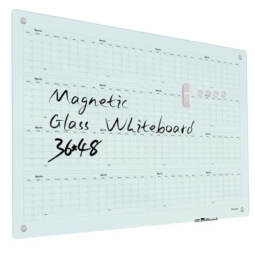 Magnetic Glass Yearly Calendar Whiteboard - Glass Dry Erase Board 48"x36" Large Frameless Glass Board for Walls Office School and Home - color: Yearly, size: 48" x 36"