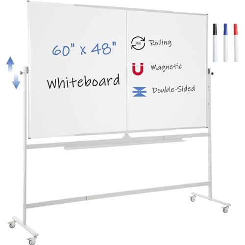 FORTUNO Large Magnetic Mobile Whiteboard 60"x48", Rolling Double Sided Stand Whiteboard on Wheels, Reversible Adjustable Height/Angle Dry Erase Board 5' x 4' Easel White Board for Office Classroom - color: White, size: 60"W x 48"H