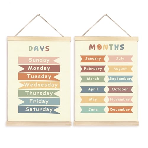 CGBHW Boho Educational Poster Hanger Frame Set of 2, Days of the Week Months of Year Learning Posters Wall Art Hanging Decor for Classroom Nursery Kids Room Playroom Preschool，12x16Inch - color: Color15