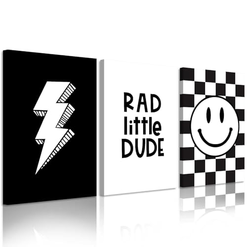 Boys Room Wall Art Decor Toddler Nursery Canvas Wall Art Baby Kids Wall Decor Black Checkered Smiley Poster Pictures Retro Playroom Rad Little Dud Art Prints for Bedroom 16x24x3 Inch Framed - color: Rad little Art, size: 24"L x 16"W