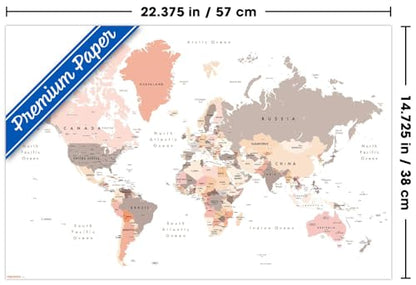 Geography - World Map Neutral Earth Tones 26 Wall Poster, 22.4L" x 14.7W", Premium Poster & Mount Bundle - color: Premium Poster & Mount Bundle, size: 22.4L" x 14.7W"