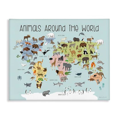 'Animals Around The World Map'| Canvas Art | Stupell Industries | 48 x 36 Inches, Easy to Hang and Sturdy, Made in USA, by Stephanie Workman Marrott - size: 48"L x 36"W