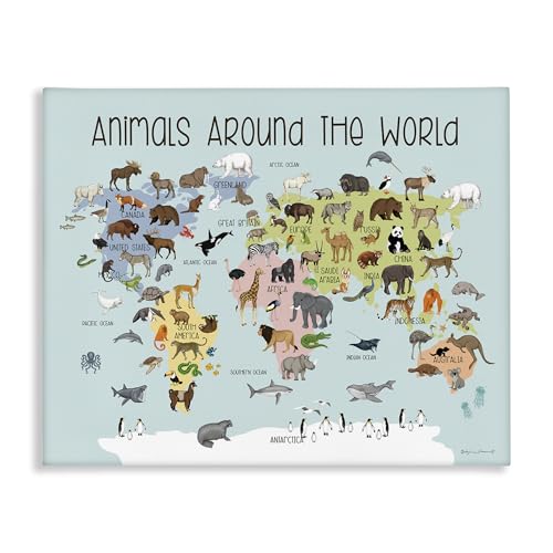 'Animals Around The World Map'| Canvas Art | Stupell Industries | 48 x 36 Inches, Easy to Hang and Sturdy, Made in USA, by Stephanie Workman Marrott - size: 48"L x 36"W