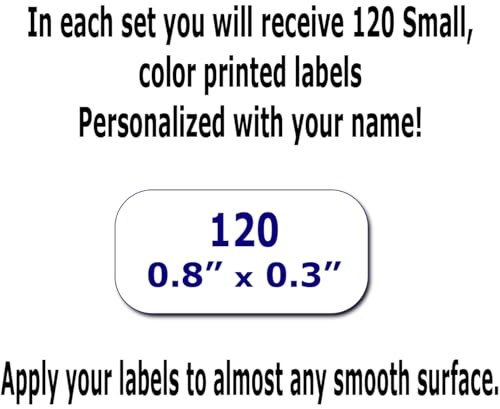 120 Small Personalized Waterproof Name Labels. Press and Stick Multi use Custom Mini Name Labels. Customized 2 Lines of Text and Color. Tiny Name Stickers with Permanent Self Adhesive. - color: 120 Small Labels - White Background