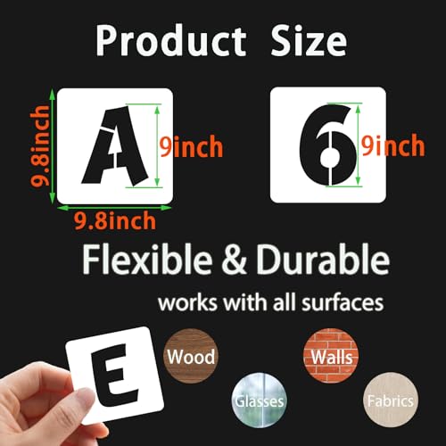 BAMIDELE 9 Inch Letter and Number Stencils, 40 Pcs Reusable Plastic Alphabet Spray Paint Stencils for Painting on Wood, Wall, Fabric, Rock, Chalkboard, Door Porch, Signage, DIY Craft Decoration - size: 9 Inch