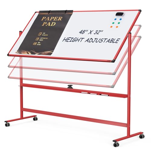 Rolling Whiteboard, 48x32 Inches Dry Erase Board with Stand, Magnetic Mobile Whiteboard on Wheels, Standing White Board for Office, School, Home, Large Double Sided White Board with Paper Pad - color: Red, size: 48"x32"