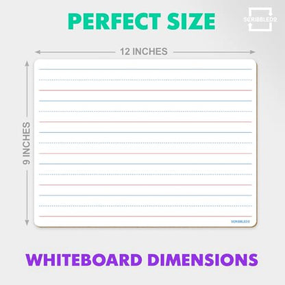 Scribbledo Small Dry Erase Board with Lines for Kids, 9x12 Double Sided | Ruled Whiteboard for Handwriting Practice, Classroom and Homeschool Supply, Portable, Easy to Clean, Robust - size: 12"W x 9"H